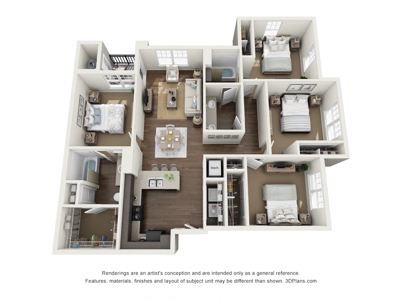 Floor plan for 4 beds, 2 baths, 1446 sqft